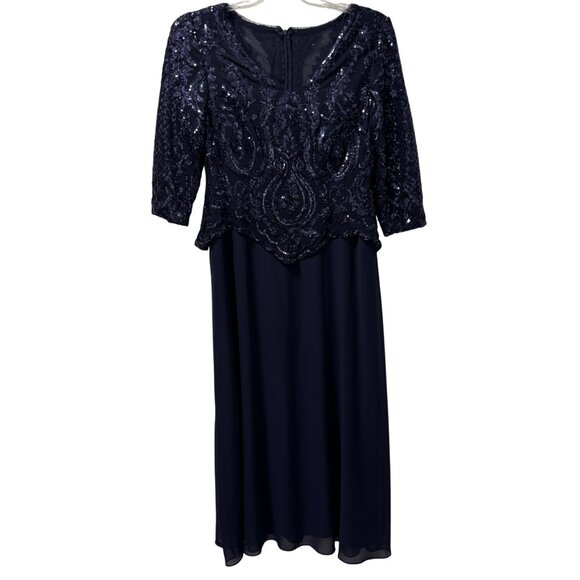 Alex Evenings Navy Petite 12P 3/4 Sleeve Sequined Lace Bodice Gown With Chiffon - Picture 1 of 12